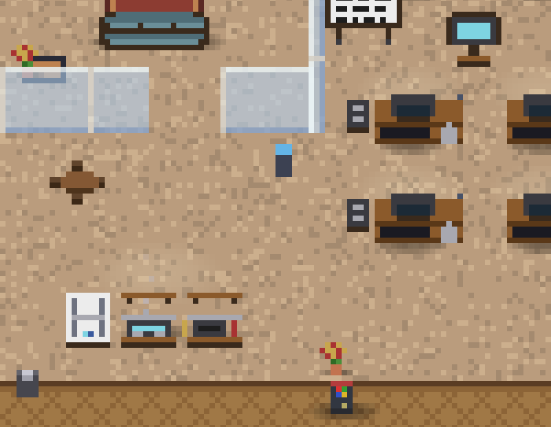 the office pantry: pixel-art coworkers by the coffee machine